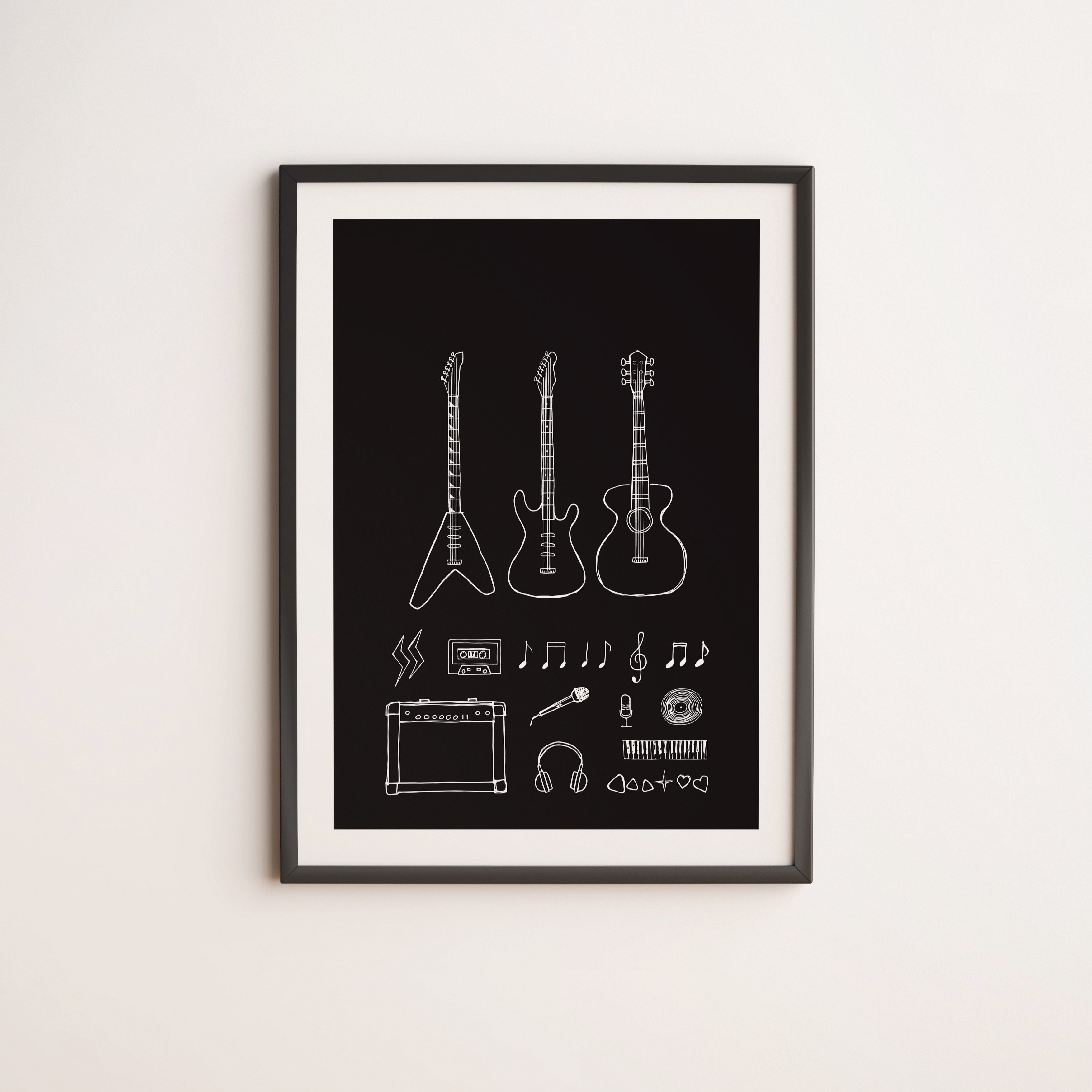 Guitars - hand drawn sketched music studio poster - digital