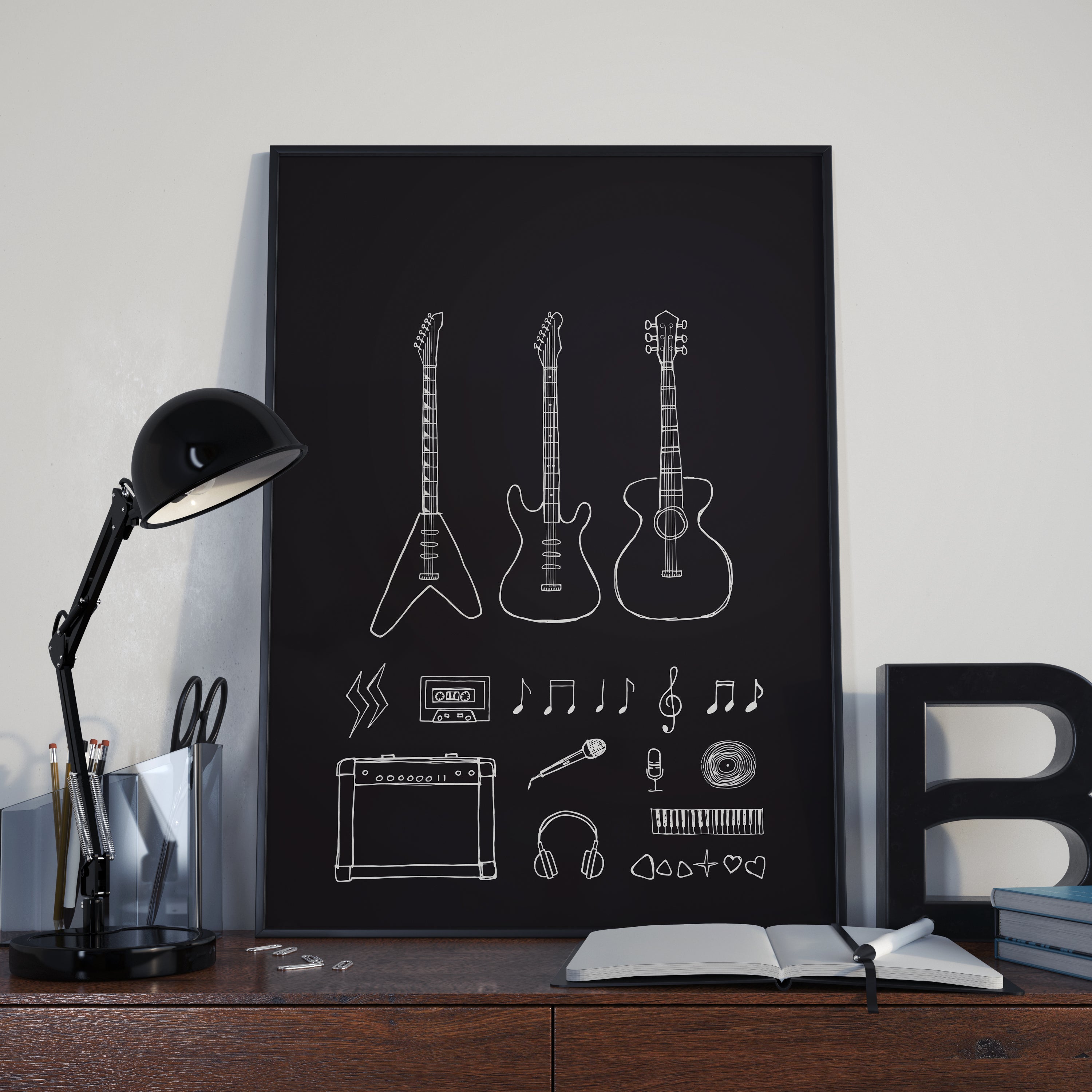 Guitars - hand drawn sketched music studio poster - digital